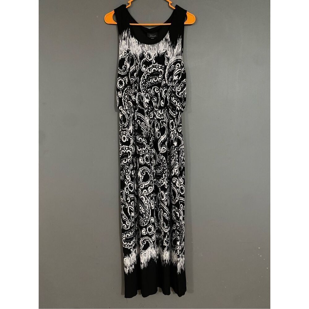 Kiara Black White Paisley Print Sleeveless Maxi Dress Faux Tie Size Large